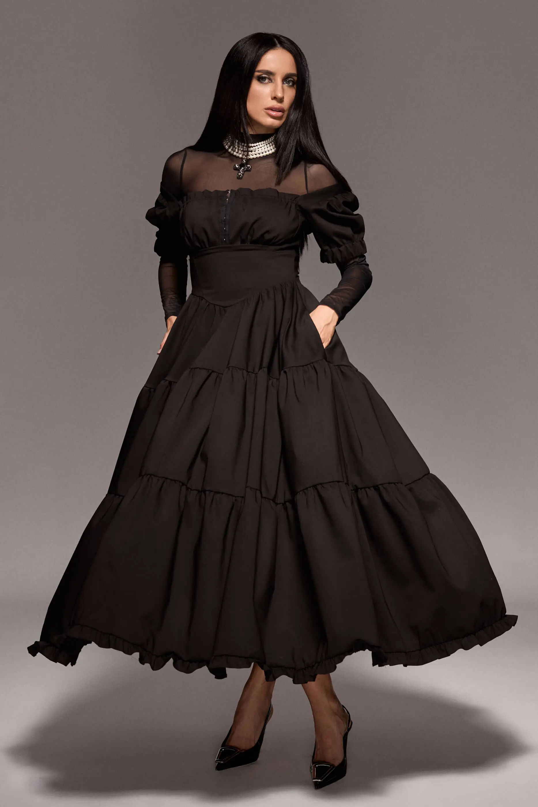 Rochie Milkmaid Lungă Neagră 1 Rochie Milkmaid Lunga Neagra