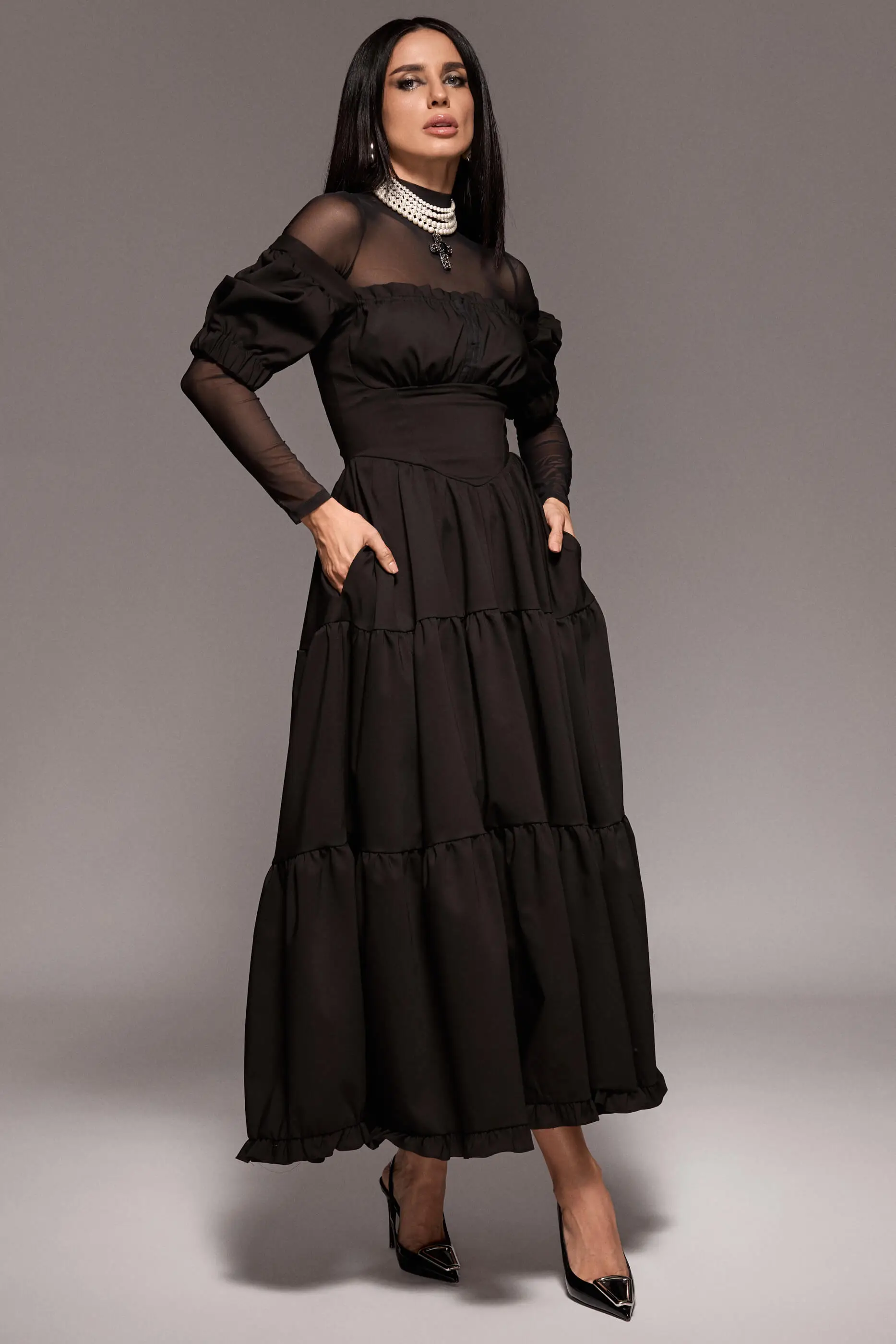 Rochie Milkmaid Lungă Neagră 5 Rochie Milkmaid Lunga Neagra