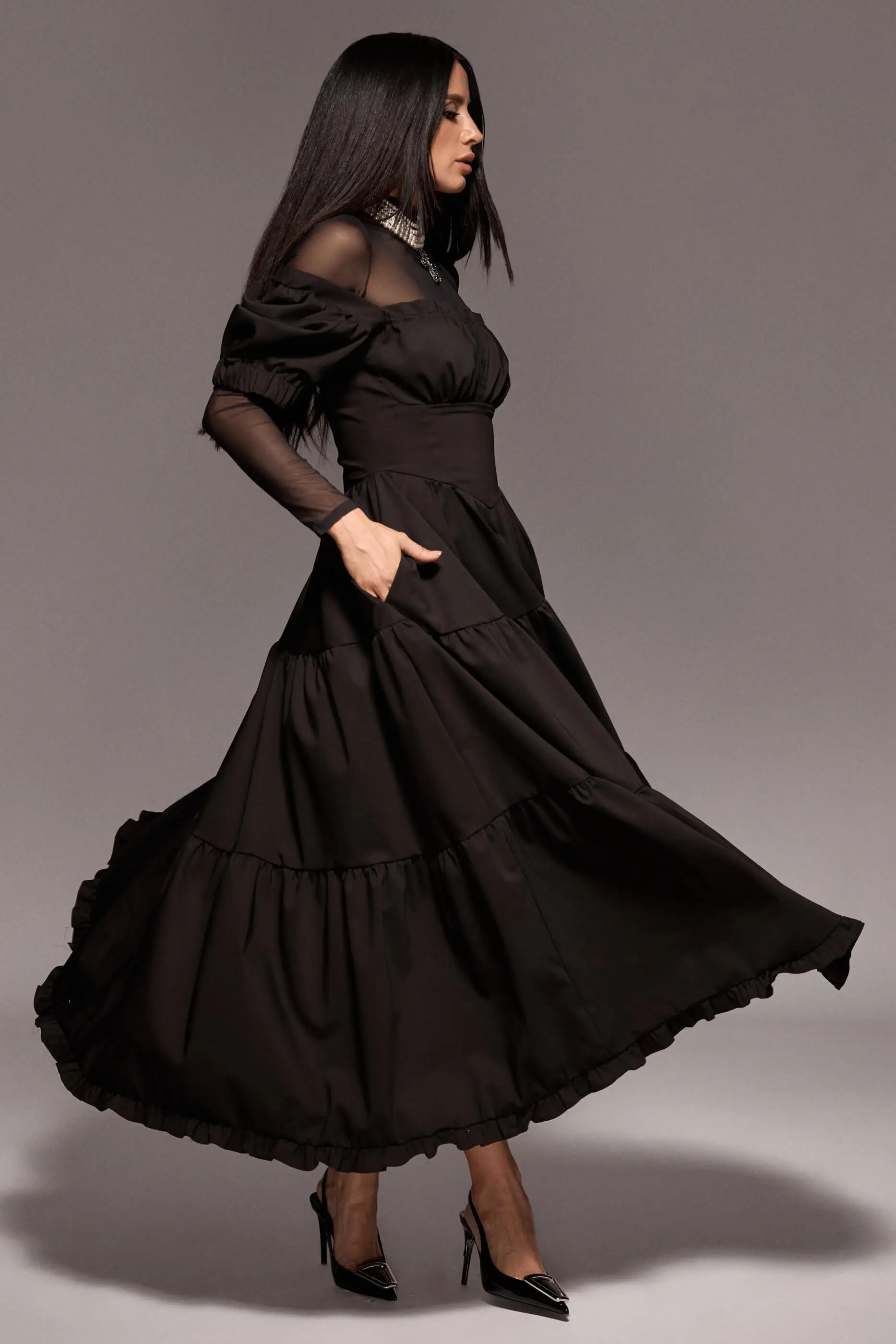 Rochie Milkmaid Lungă Neagră 7 Rochie Milkmaid Lunga Neagra