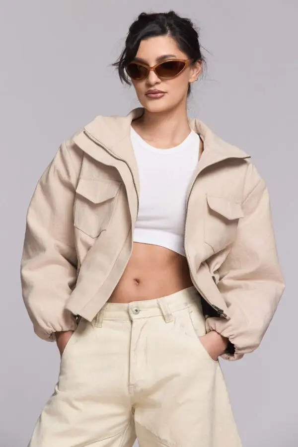 Jacheta Bomber din Denim Bej