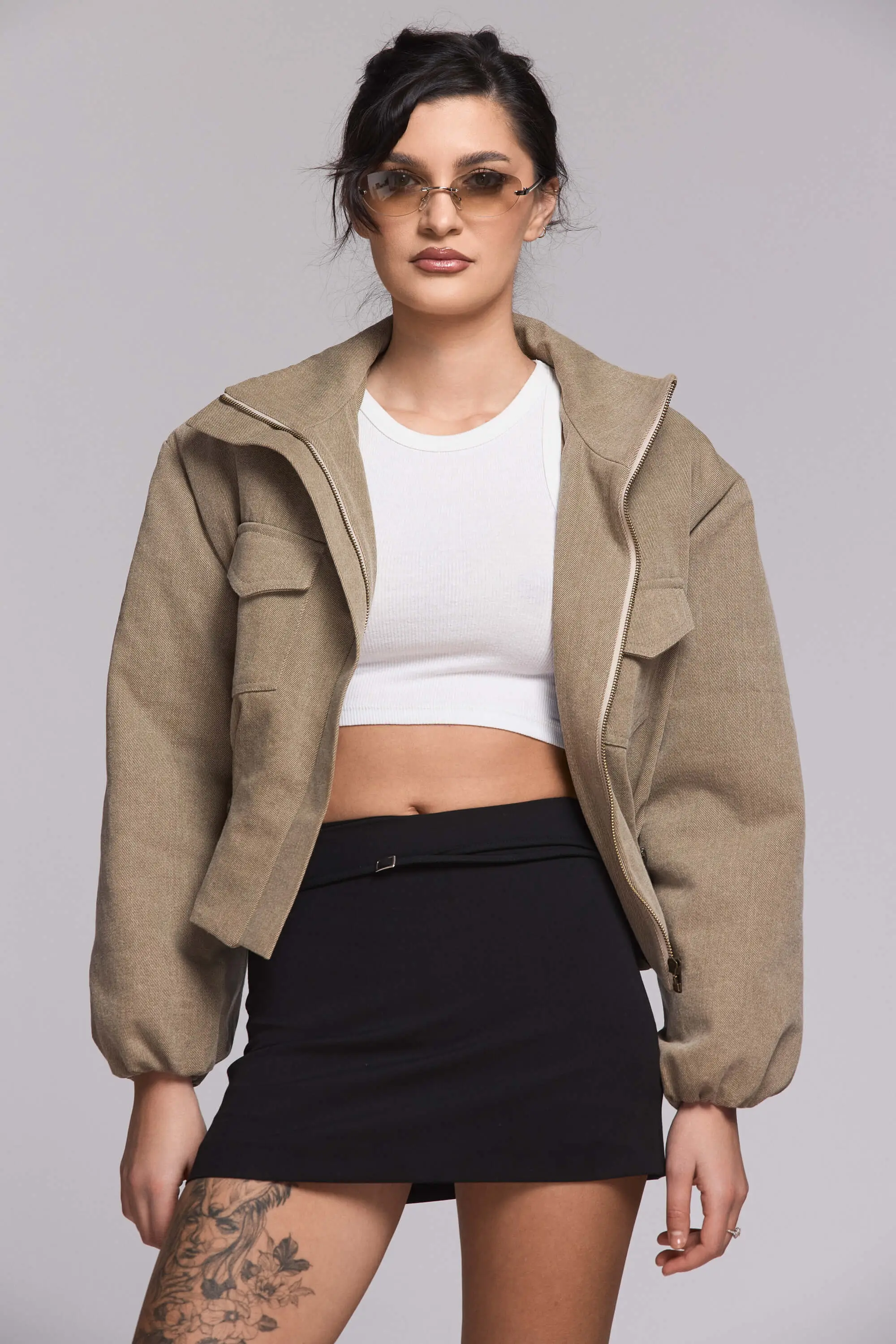 Jacheta Bomber din Denim Khaki 2 Jacheta Bomber din Denim Khaki