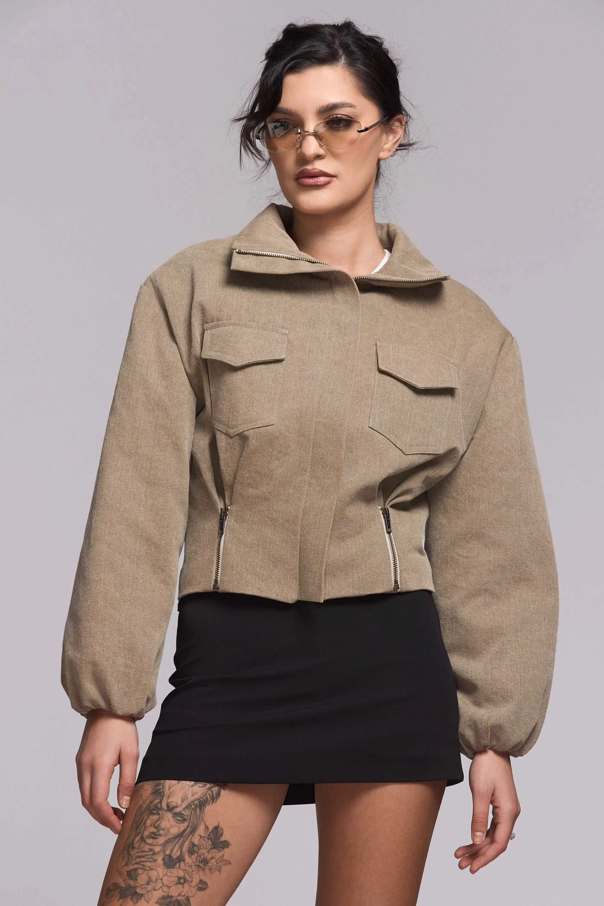 Jacheta Bomber din Denim Khaki 3 Jacheta Bomber din Denim Khaki