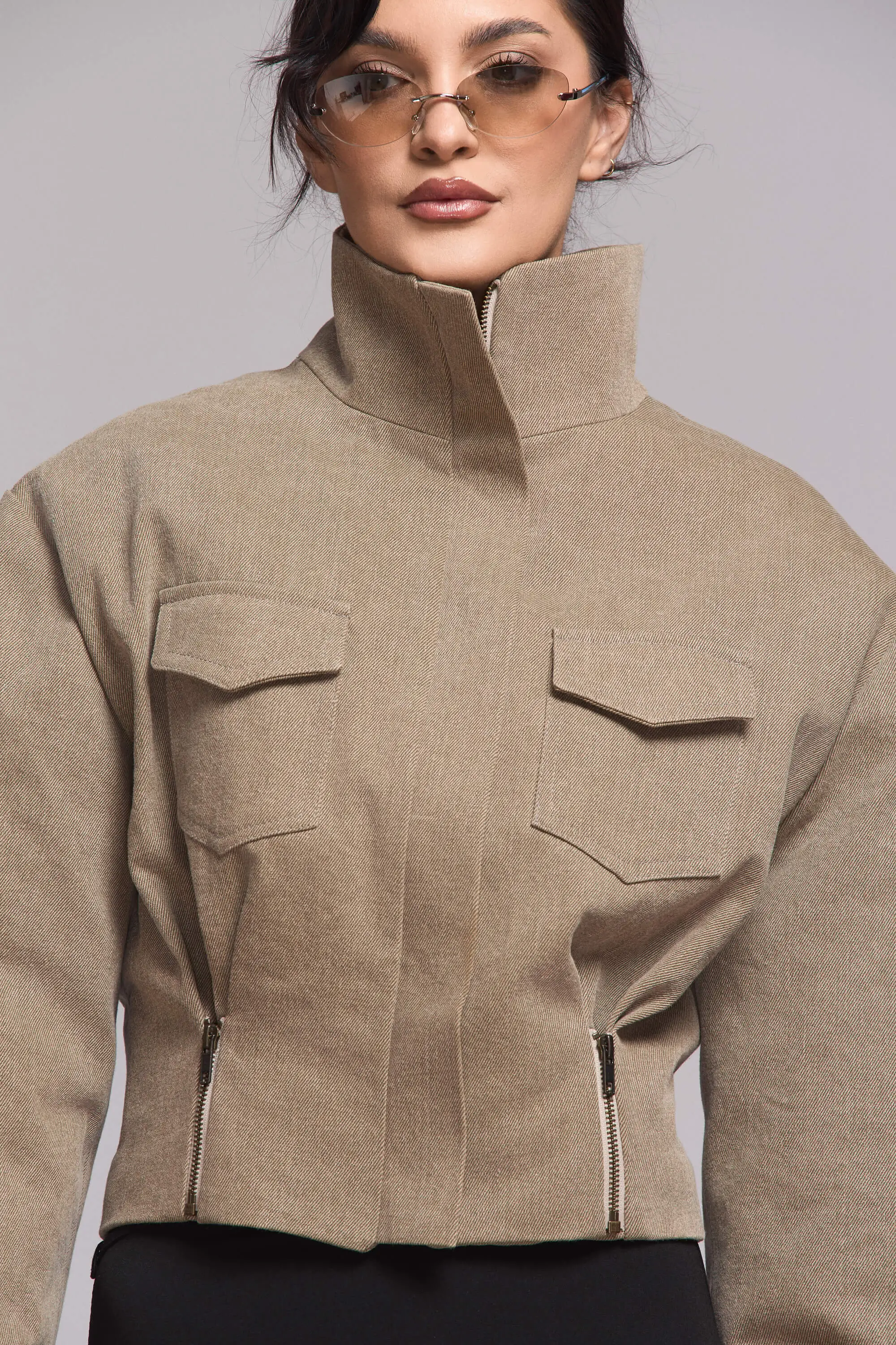 Jacheta Bomber din Denim Khaki 4 Jacheta Bomber din Denim Khaki
