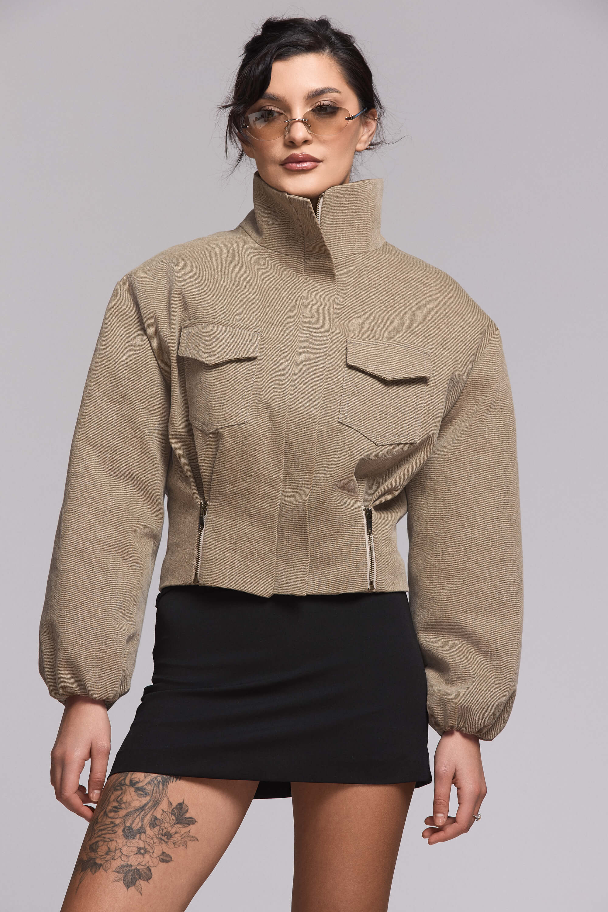 Jacheta Bomber din Denim Khaki 5 Jacheta Bomber din Denim Khaki